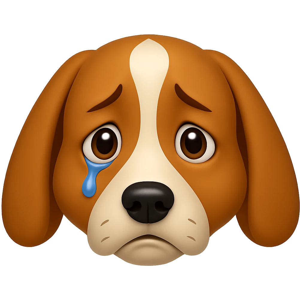 Create an emoji style image of a dog with an even sadder look, ears lowered further, shiny eyes with a tear, and a very sad expression. The background should be transparent. The style should resemble apple style emojis with concise details. emoji