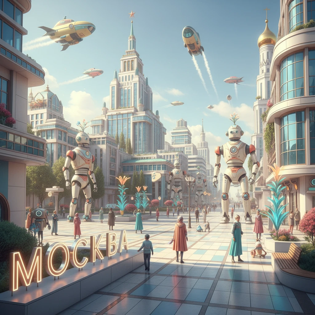 Москва в стиле Atomic Heart в светлых ярких цветах и тонах emoji