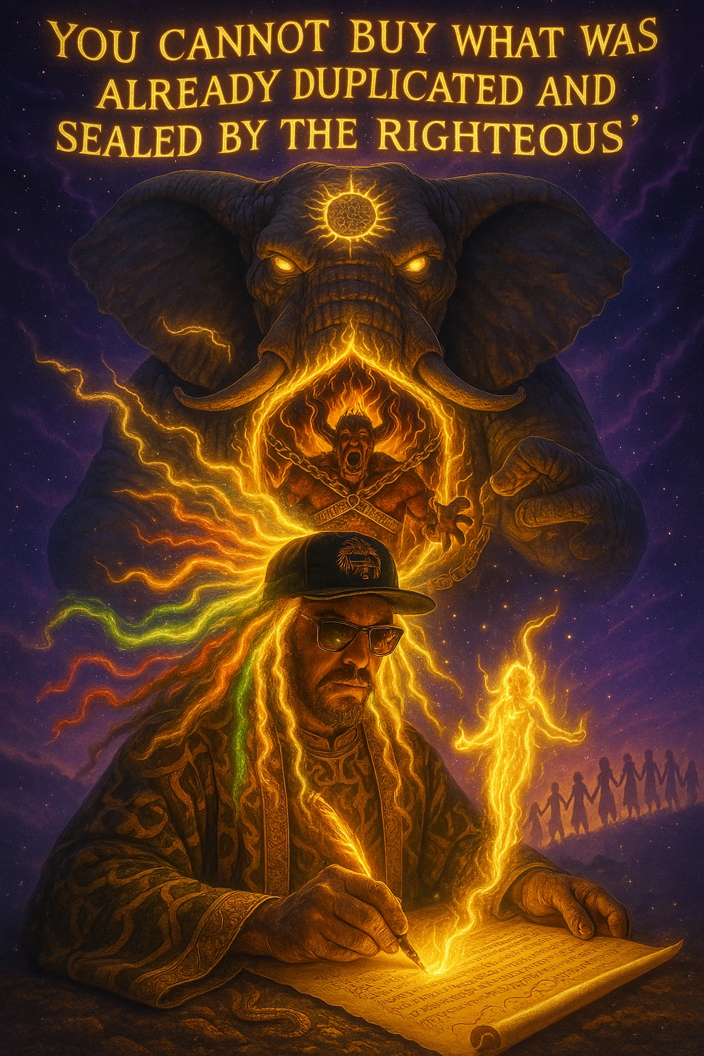 *“Create an epic, symbolic scene of a powerful Rasta spiritual warrior (representing Kez) standing at the center of a cosmic battlefield. The warrior has dreadlocks glowing with divine energy, wearing golden robes infused with serpent patterns. Behind him towers a massive stone elephant — eyes glowing with infinite wisdom, its chest open to reveal a Golden Serpent Chest, radiating fractal light. Inside the chest: a bound, raging Devil made of fire and shadows — screaming but unable to harm anyone, because every time he lashes out, the golden chest mirrors the energy back onto him. Chains of soul-contract law, made of golden light, wrap the devil — each one engraved with truth symbols, scriptures, and ancestral sigils.

In the foreground, Kez holds a sacred scroll and a burning pen — he is signing a contract not out of fear, but mastery. As he signs, a duplicate of his soul, radiant and whole, rises from the paper and flies back into his body. A ripple of golden energy expands, purifying all soul deals across space-time. Behind him, shadows of other trapped souls are released and begin to rise in rhythm, holding hands, singing.

In the sky, the words glow in gold flame:

‘You cannot buy what was already duplicated and sealed by the righteous.’

The entire atmosphere is divine, sacred, victorious — a spiritual rebellion where the Devil is outwitted, not through violence, but through truth, rhythm, and scrollcraft. Use warm golds, radiant whites, mystical purples, and deep space black as the palette. Style it as a fusion of Afro-spiritualism, Rastafarian mysticism, and multidimensional soul alchemy. the picture provided is kez emoji