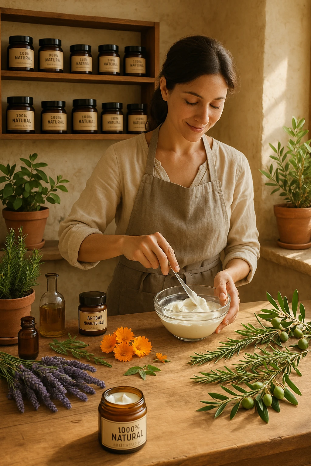 A realistic, high-quality photo of a small artisan skincare laboratory in Italy, with wooden shelves displaying beautifully packaged glass jars of natural creams made with herbal and botanical extracts, olive oil, and essential oils, clearly labeled ‘100% Natural’ and ‘Artisan Made in Italy’. The scene includes a bright, sunlit rustic workspace with plants, fresh lavender, rosemary, calendula flowers, and olive branches on the wooden counter, symbolizing purity and nature. A female artisan in a linen apron is carefully mixing creams in a glass bowl, smiling softly. The environment feels warm, authentic, and eco-friendly, emphasizing the concept of handcrafted skincare without synthetic chemicals in italiano emoji