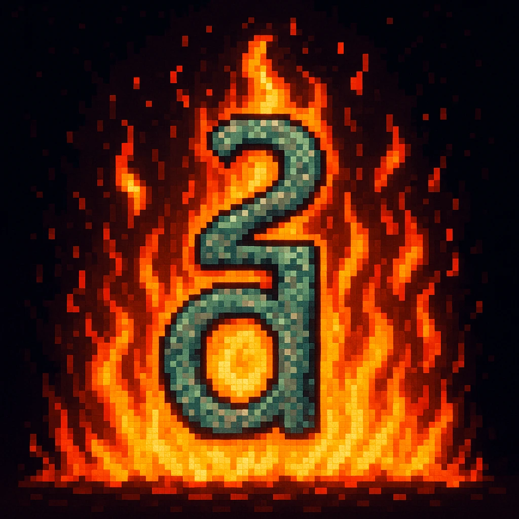 The number 2 with the letter D under it and fire, pixel art emoji