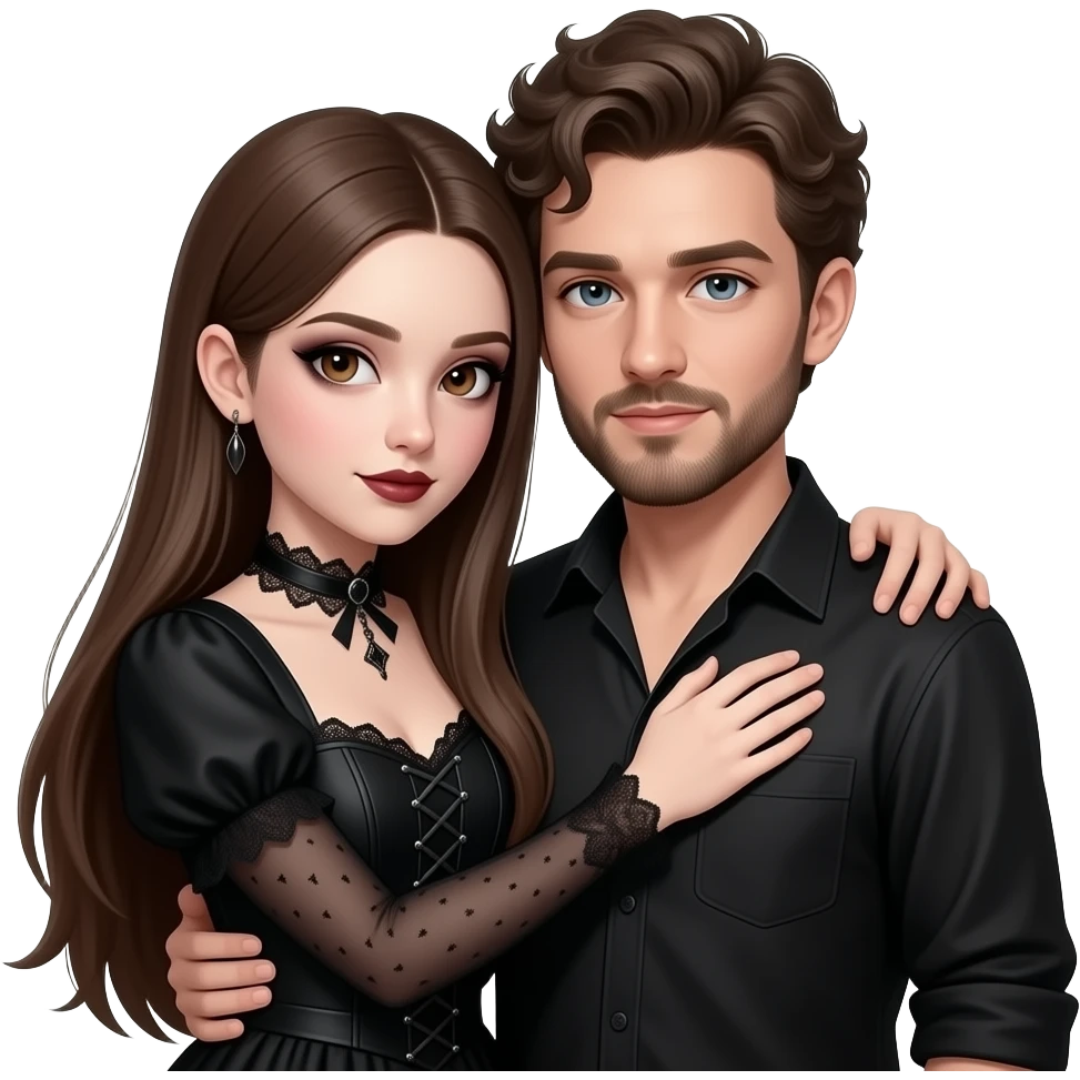 realistic pretty pale skin long straight brown hair girl brown eyes long face wearing gothic dress and gothic makeup HD and her man short brown curly hair and beard hugging emoji