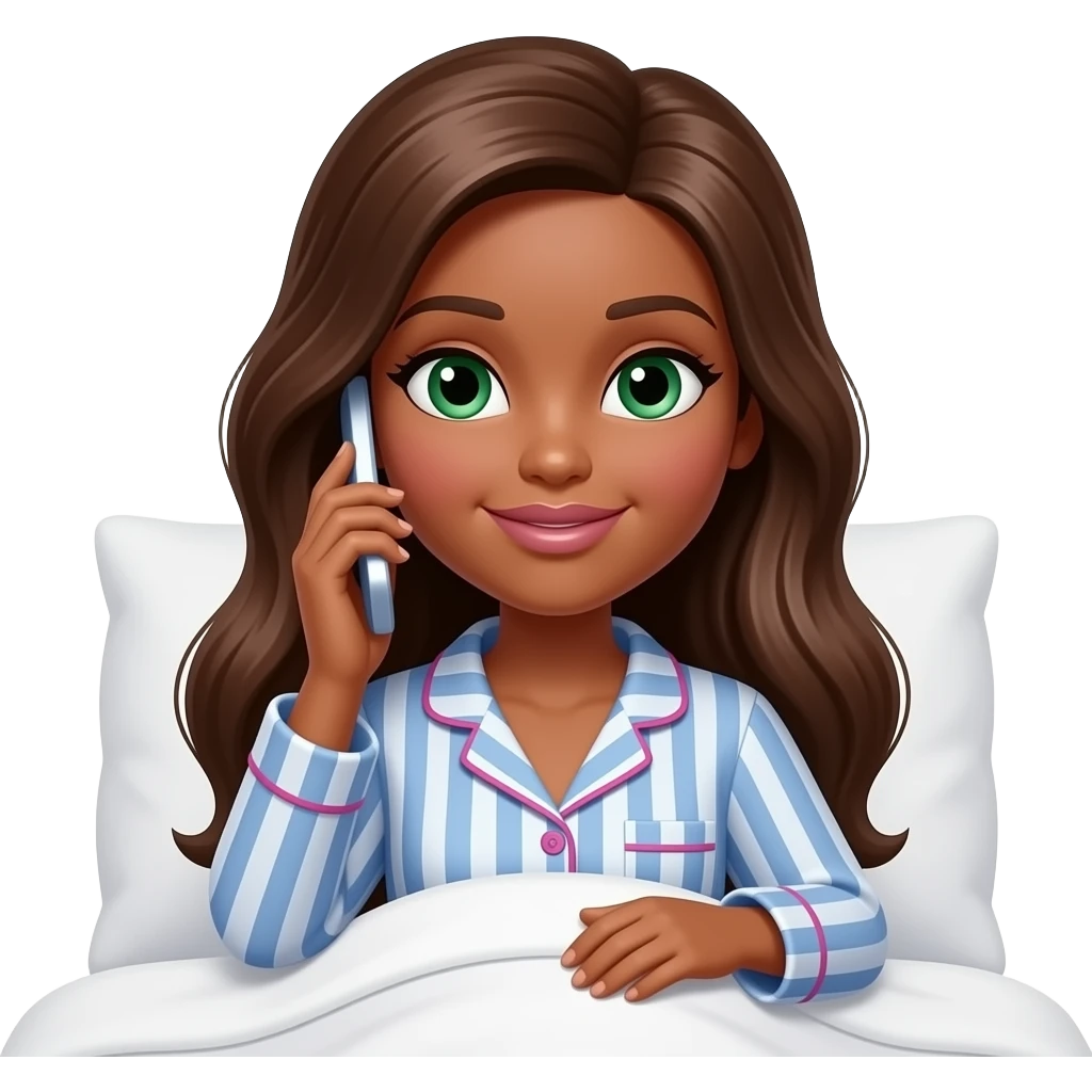 Brown skin brown hair green eyes Barbie in pajamas in bed on phone emoji
