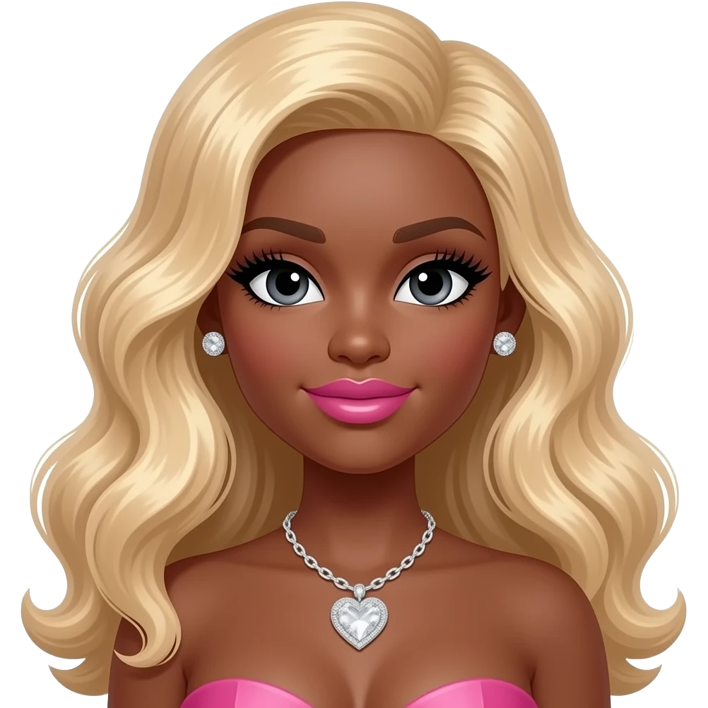 Black girl, Pink big lips, black doll eyes, dark brown skin, Long giant lashes,Doll faced shaped, silver Swarovski heart necklace, big diamond earrings studs, bimbo, black doll eyes, barbie, darker brown skin with long curly blonde hair, big breast, no bra emoji