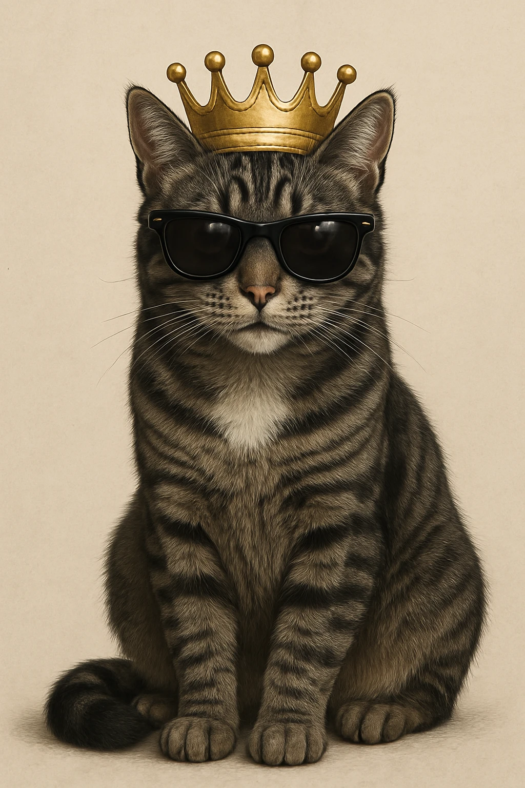 realistic digital illustration of a Mackerel tabby cat, dark grey with black stripes, amber eyes, and a white chest patch. The cat sits naturally, facing slightly forward, with a golden crown and black sunglasses. Lifelike and highly detailed. emoji
