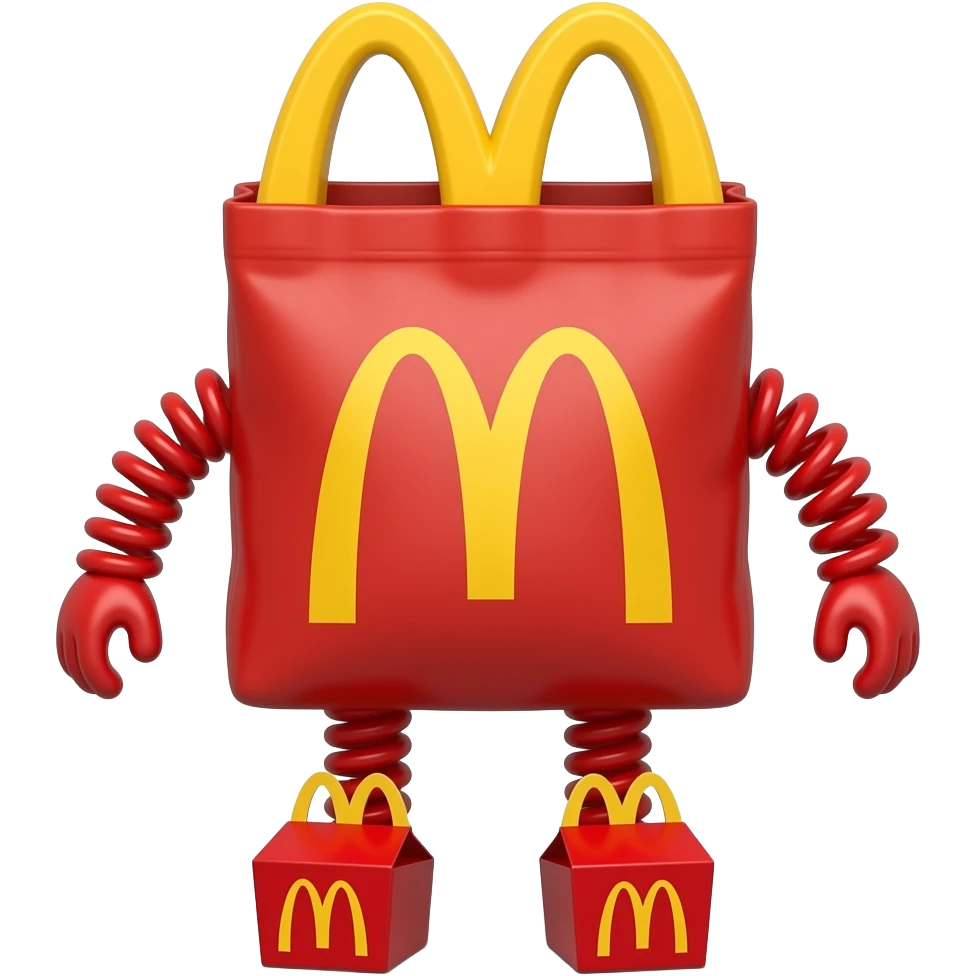 A McDonald's bag with boingi coil red arms and legs and mcdonald box logo feet emoji