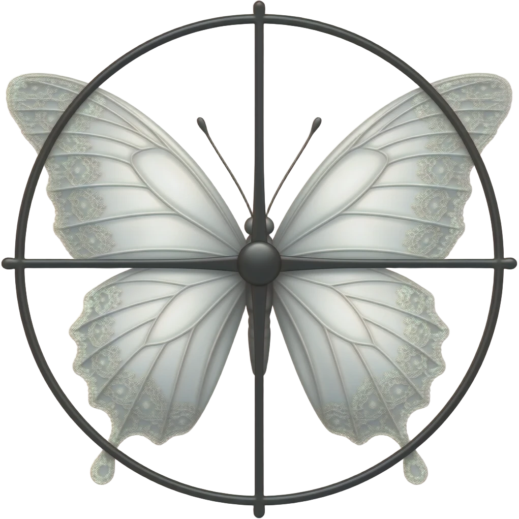 subtle elegant white butterfly, 3D emoji gothic butterfly, white velvet, white filigree, white lace trim, black sniper crosshair overlay emoji