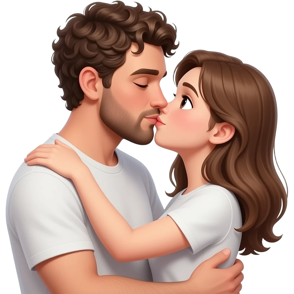 Realistic white man super short curly brown hair with beard kissing passionately and hugging realistic white girl brown hair HD emoji