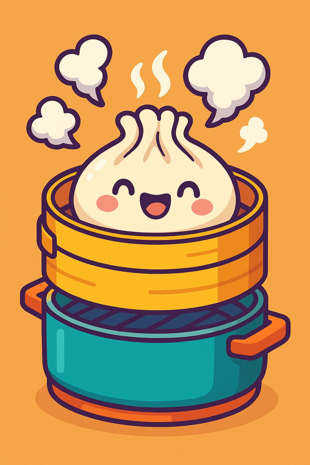 a cute dumpling being cooked in a steamer, cartoon style, vibrant colors, playful emoji