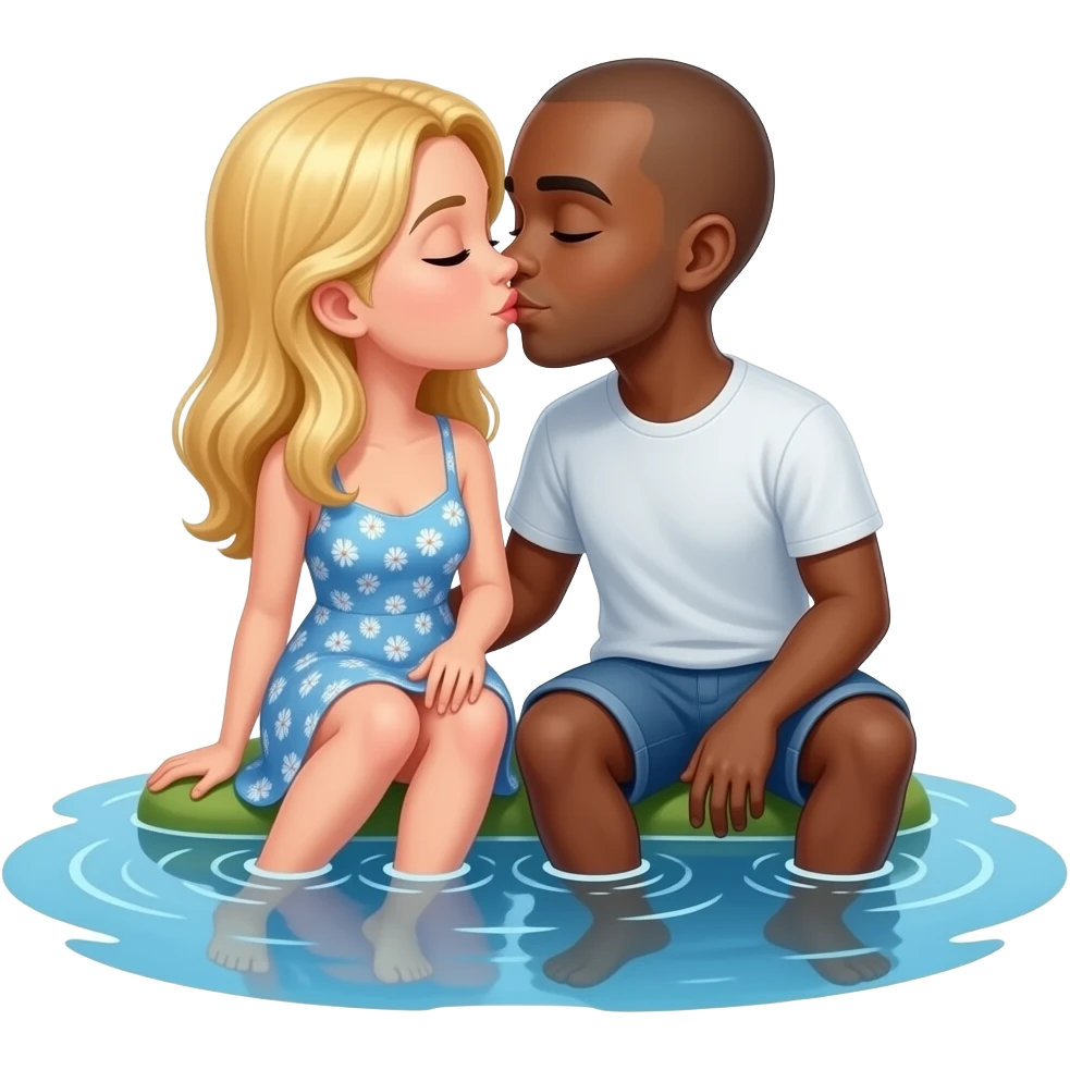 Blonde woman with black bald boyfriend sitting on a lake with feet in the water kissing emoji