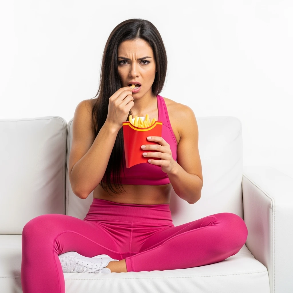 DONNA FITNESS ITALIANA STRESSATA CHE MANGIA PATATINE SUL DIVANO, IPERREALISTICA 4K, ISOLATA SU SFONDO BIANCO emoji