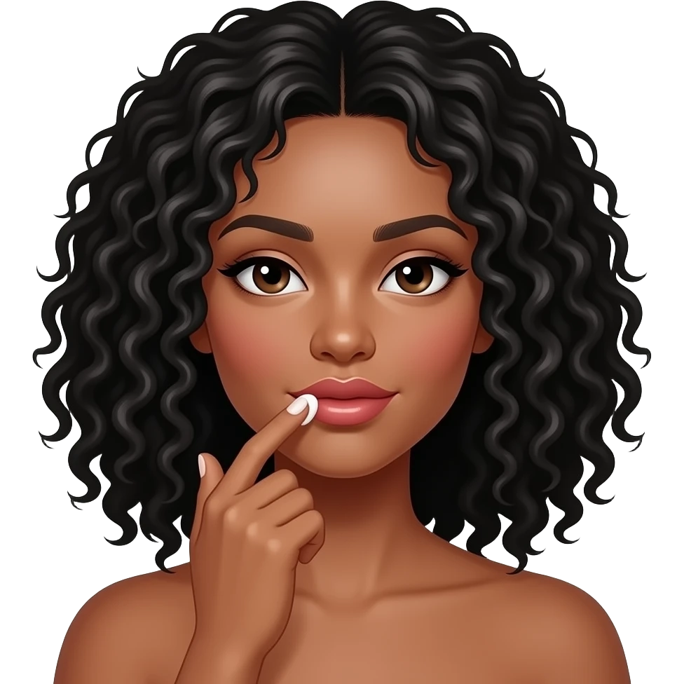 Medium dark skinned woman with black curly shoulder-length hair spreading cream on her upper lip region. emoji