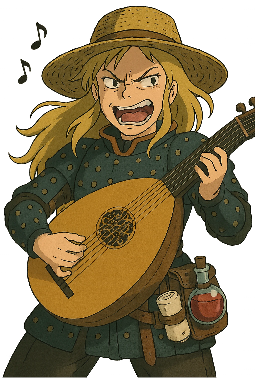 A female bard , blond hair, wearing brigandine armor with a sturdy straw hat, playing a fat medieval lute and singing, night time shadows, tool belt with red potion and bandages, mischievous grin, anger emoji