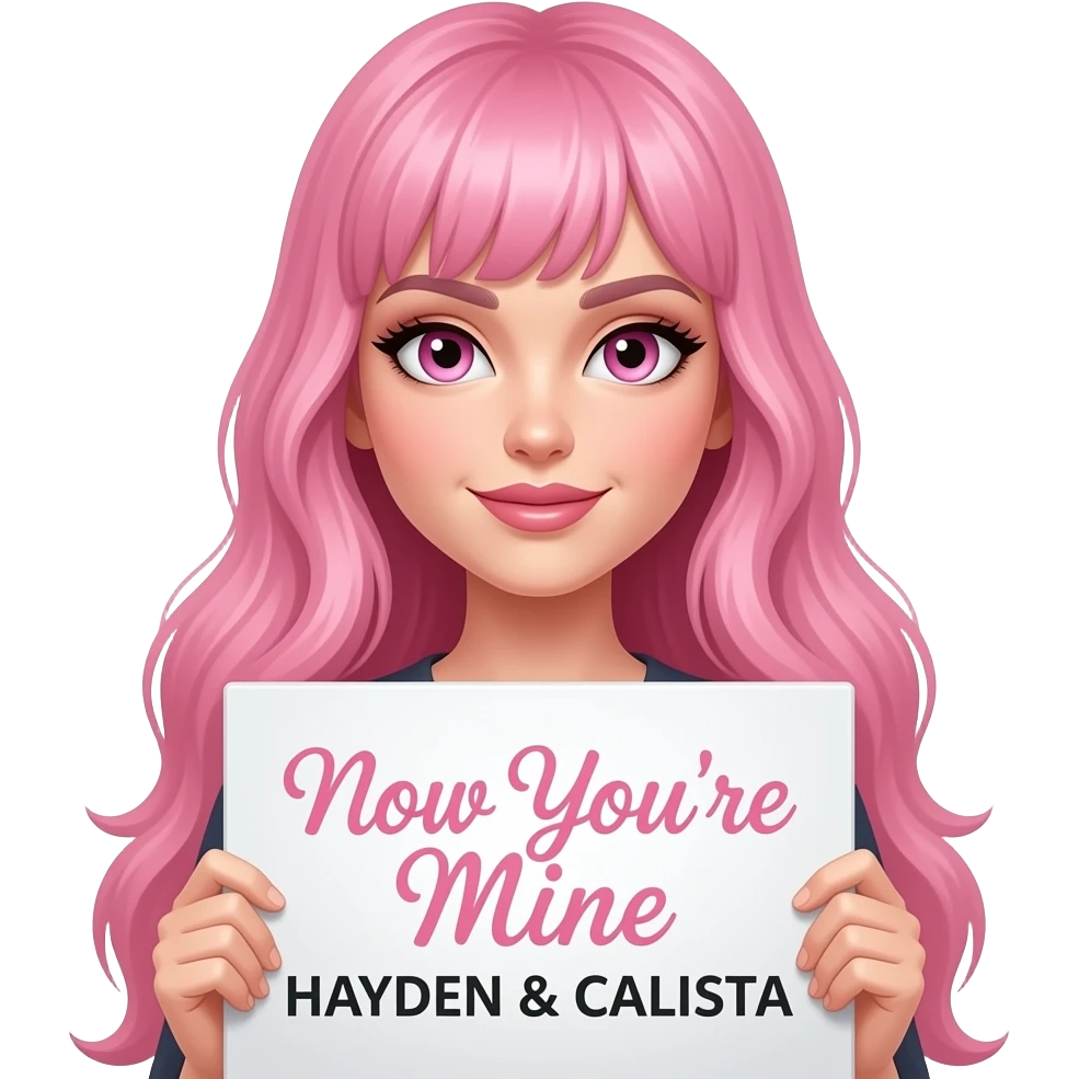 sexy girl with long pink hair and pink eyes holding a Now You're Mine HAYDEN & CALISTA sign emoji