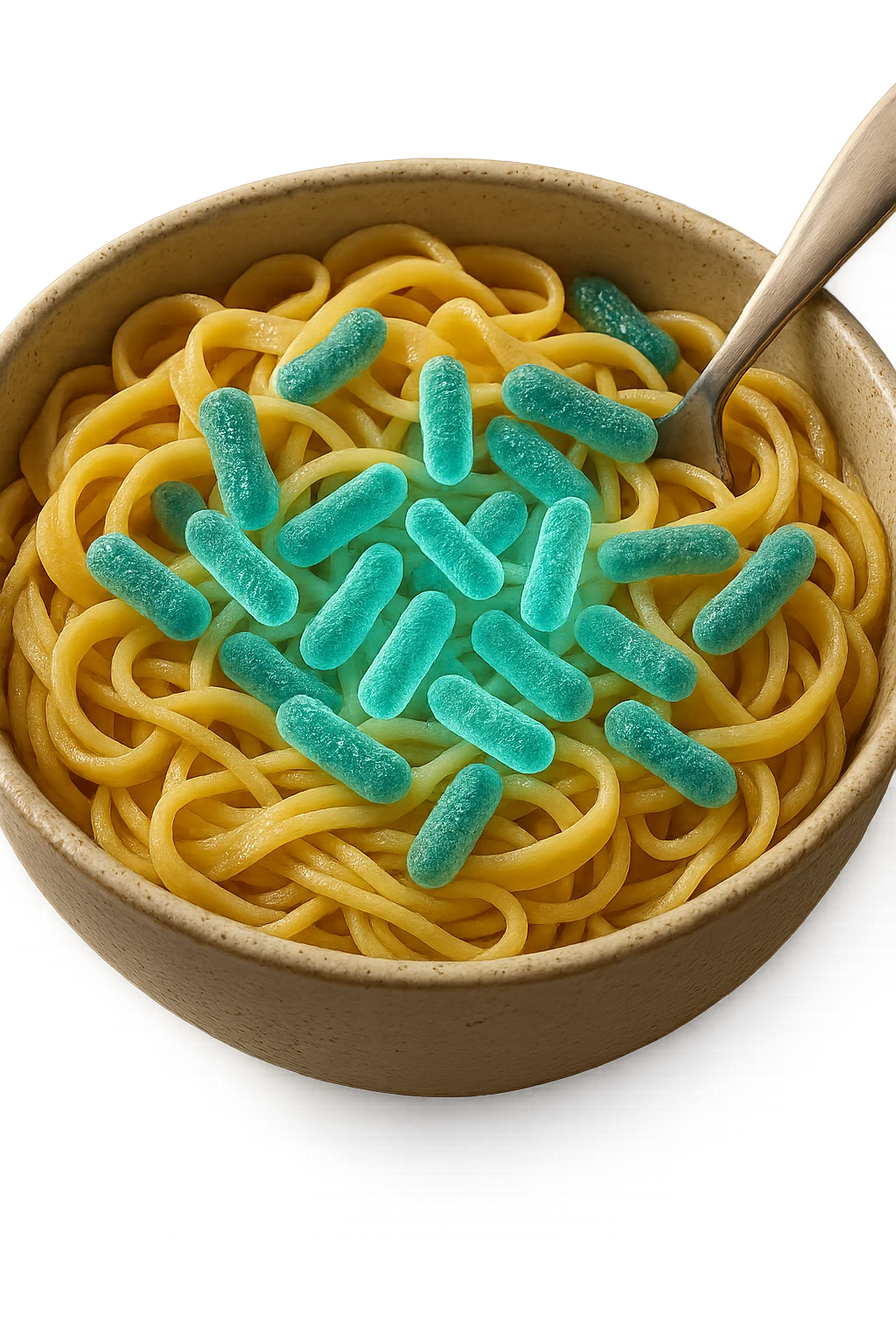 BOWL DI PASTA CON BATTERI INTESTINALI DENTRO, iperrealistico 4k emoji