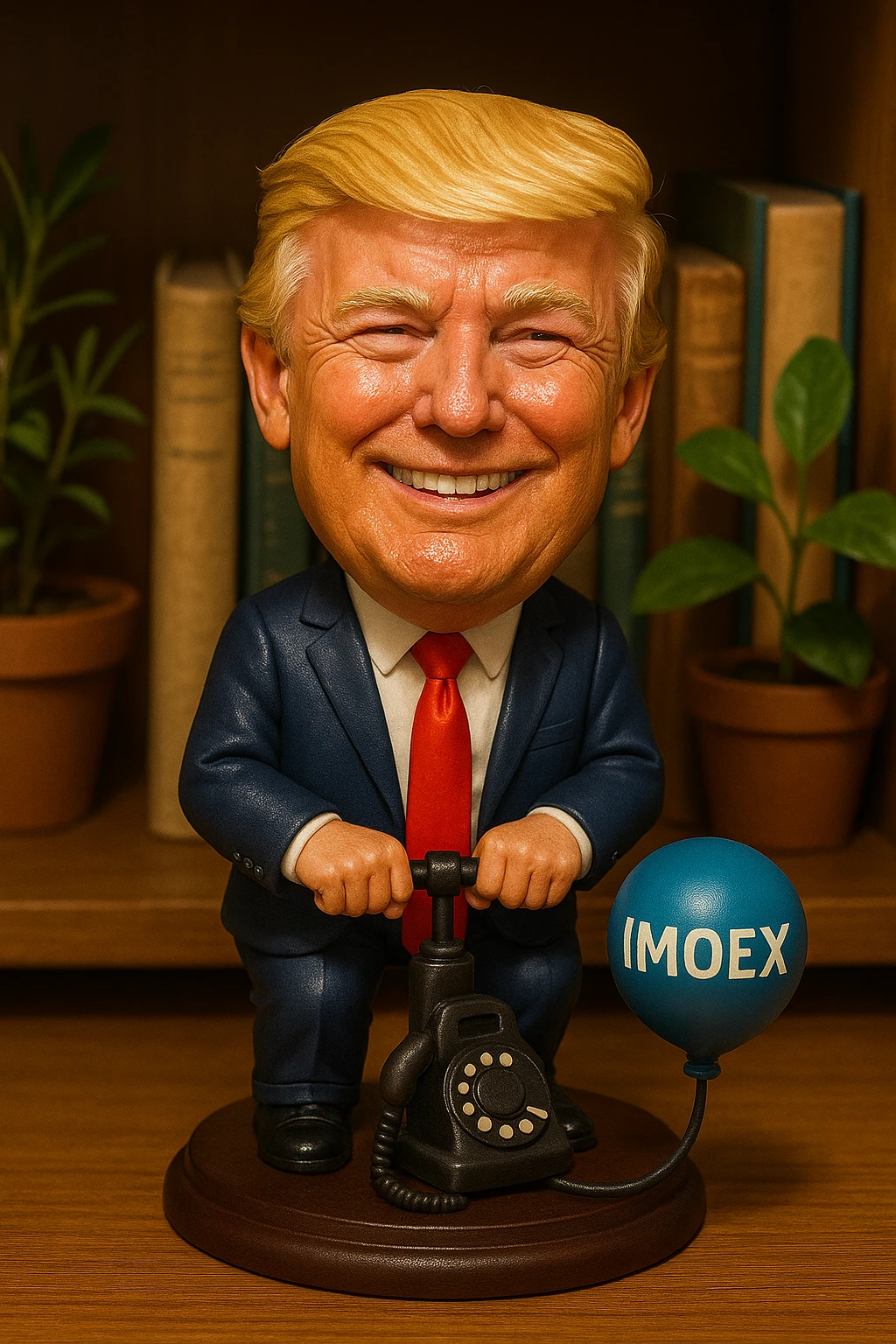 Дональд Трамп  улыбается в поте лица качает через насос в виде телефонного аппарата, который подключен к шарику, который символизирует фондовый рынок и на нём написано IMOEX emoji