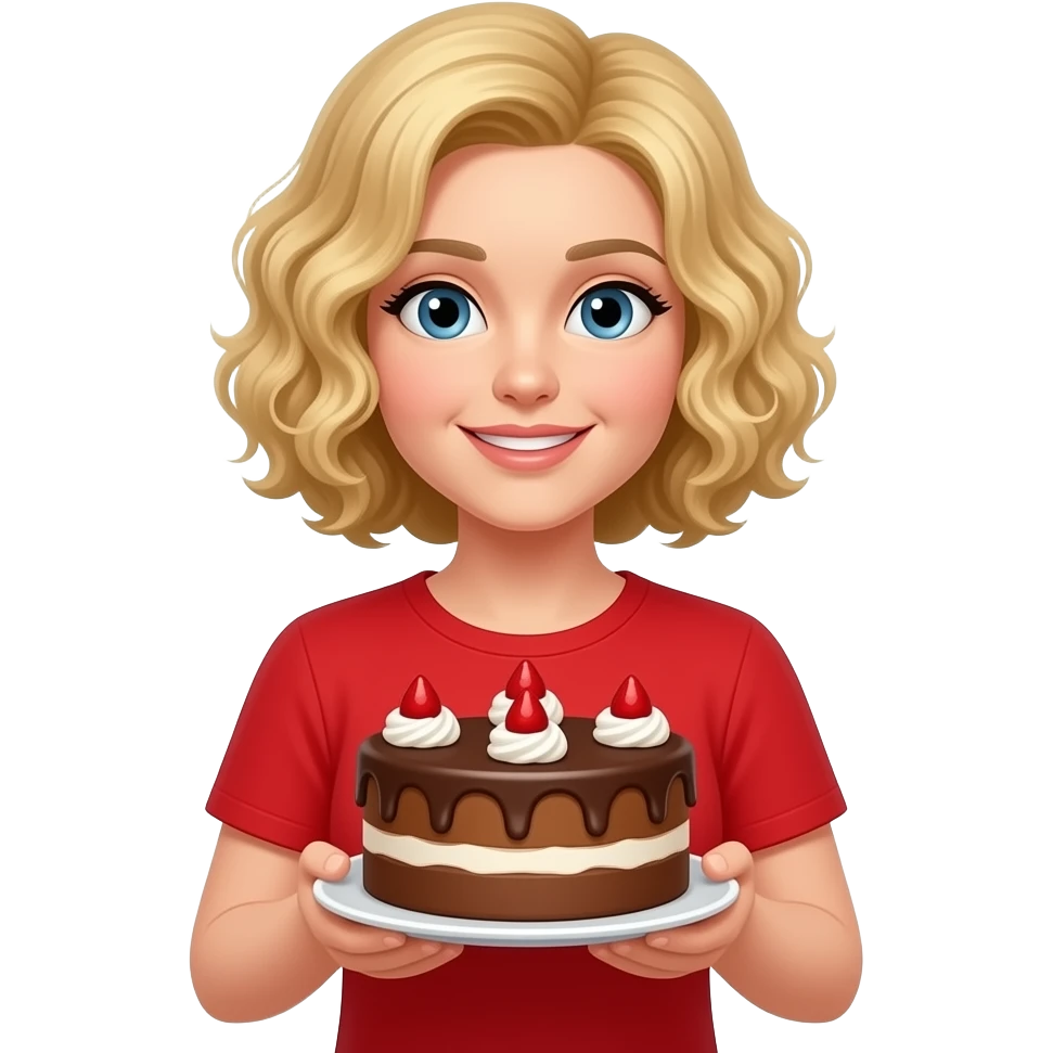 blonde curly bob holding a chocolate cake with both hands in red shirt emoji