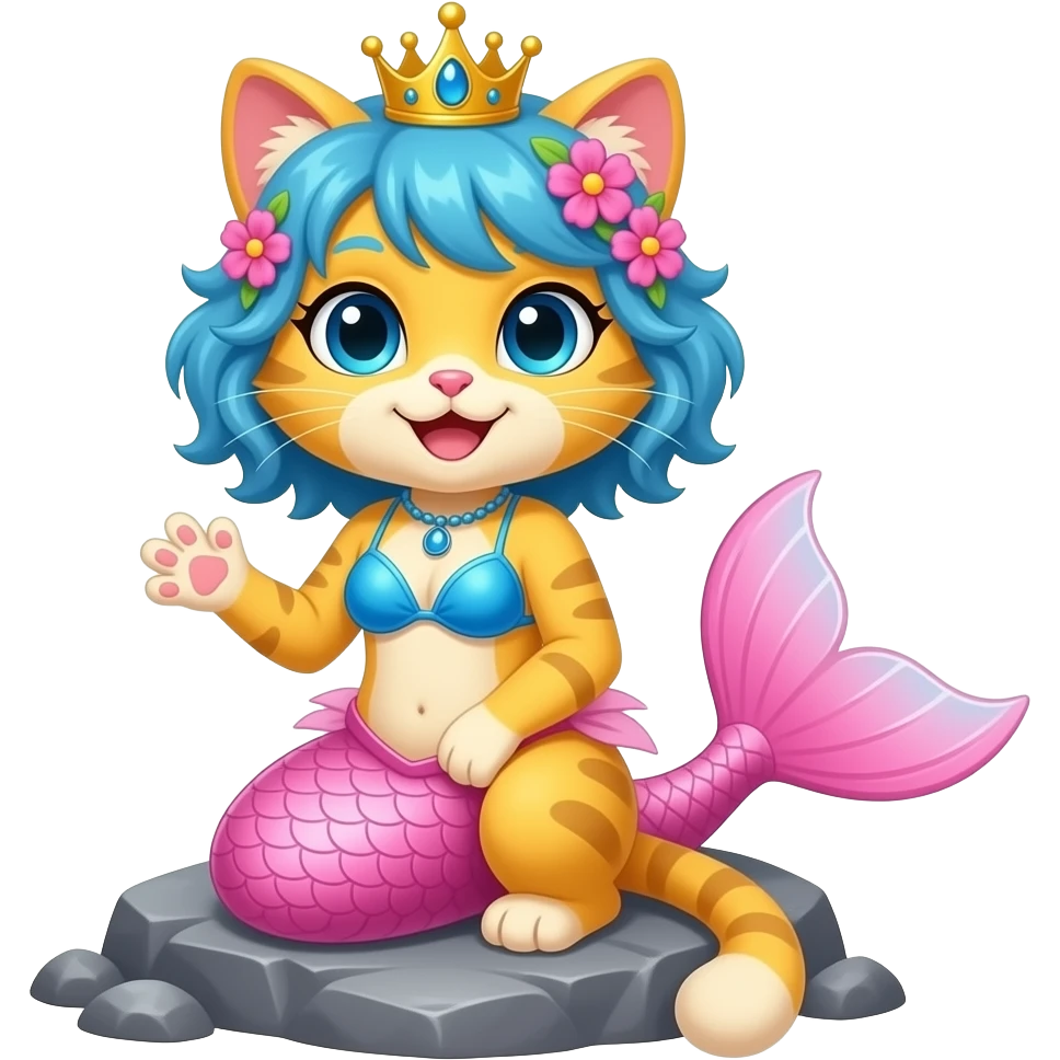 femboy yellow cat furry happy  blue eyes with blue with pink flowers and crown hair blue bikini top  pink mermaid tail with  light pink fins sitting on a rock cute clipart cartoon style emoji