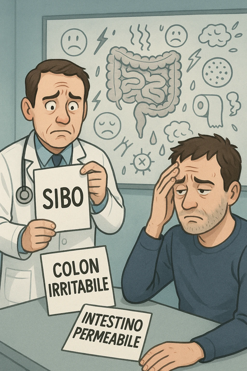 Scena clinica con un medico confuso in camice bianco davanti a un paziente seduto. Il medico ha tre fogli in mano, e li mostra uno alla volta con espressione incerta: il primo dice 'SIBO', il secondo 'Colon Irritabile', il terzo 'Intestino Permeabile'. Il paziente ha un’espressione confusa e scoraggiata, con una mano sulla fronte. Sullo sfondo una lavagna caotica con disegni di intestino e sintomi ovunque. Stile realistico con tocchi ironici, toni freddi da ambulatorio ma con un messaggio visivo forte di incertezza diagnostica. in italiano emoji