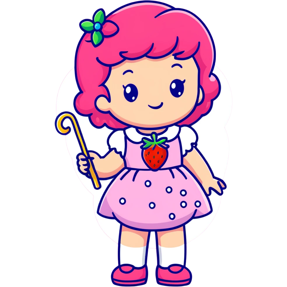 little girl in a strawberry shortcake dress, holding a candy wand, pastel background emoji