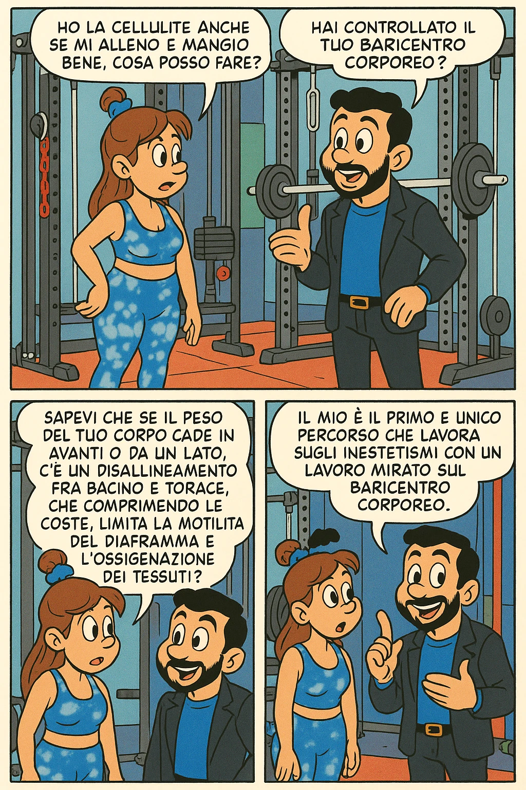 TRASFORMA QUESTO CAROSELLO IN UN FUMETTO STILE TOPOLINO CON QUESTE DUE PERSONE IDENTICHE CHE INTERLOQUISCONO TRA LORO:

LEI: Ho la cellulite anche se mi alleno e mangio bene, cosa posso fare?

LUI: Hai controllato il tuo baricentro corporeo?
LUI: Sapevi che se il peso del tuo corpo cade in avanti o da un lato, c’è un disallineamento fra bacino e torace, che comprimendo le coste, limita la motilità del diaframma e l’ossigenazione dei tessuti?
LUI: Il mio è il primo e unico percorso che lavora sugli inestetismi con un lavoro mirato sul baricentro corporeo. emoji