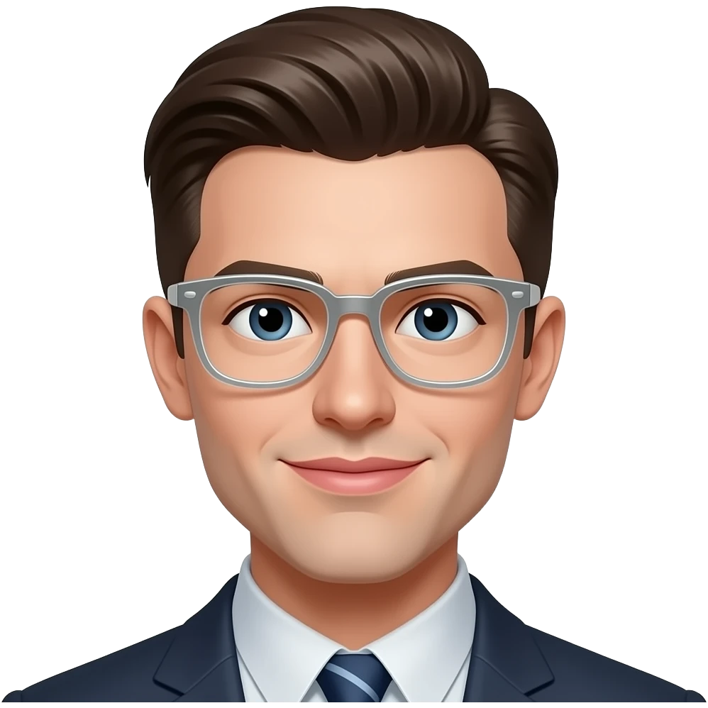 Nerdy with silver transparent glasses handsome man with slicked back hair right side parting, fair skin and pinkish lips emoji