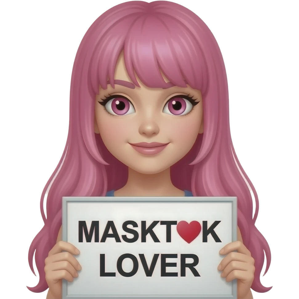 sexy girl with long pink hair and pink eyes holding a MASKTOK LOVER sign emoji