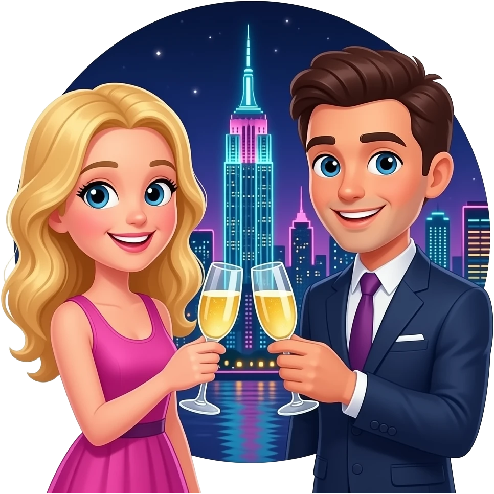 Blonde girl and brunette guy celebrating in NYC emoji