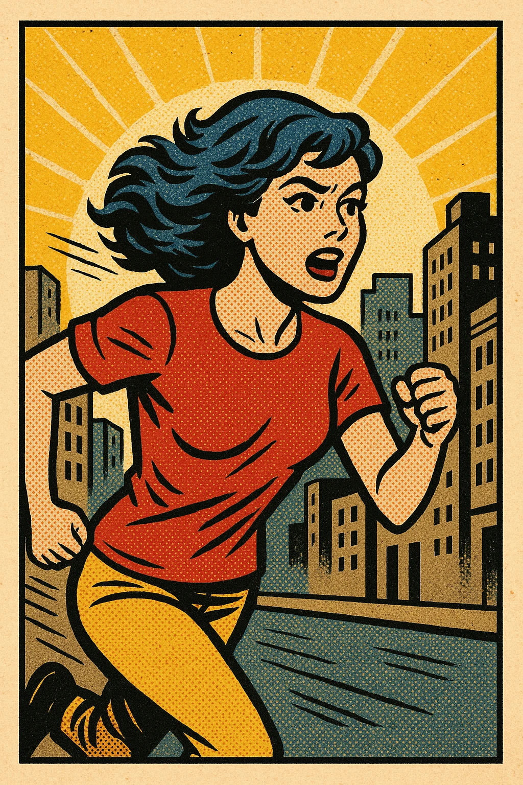 Woman with blue hair running in a city emoji