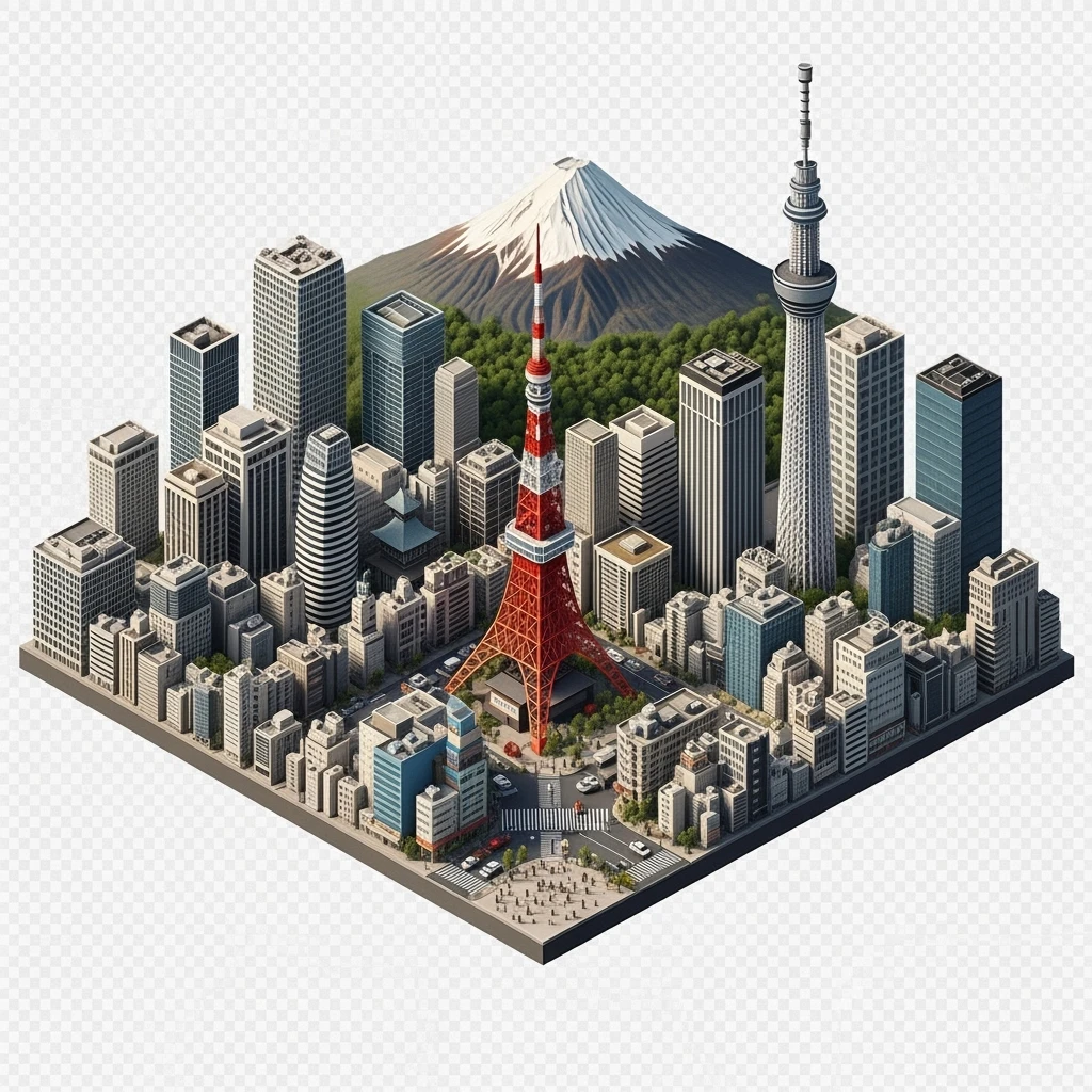 Isometric illustration of Tokyo, with photorealistic detailed miniature cityscape included Tokyo Tower, Skytree, Shibuya Crossing, Mount Fuji in background, balanced colors, subtle 3D miniature effect, no cartoonish look, transparent background. emoji