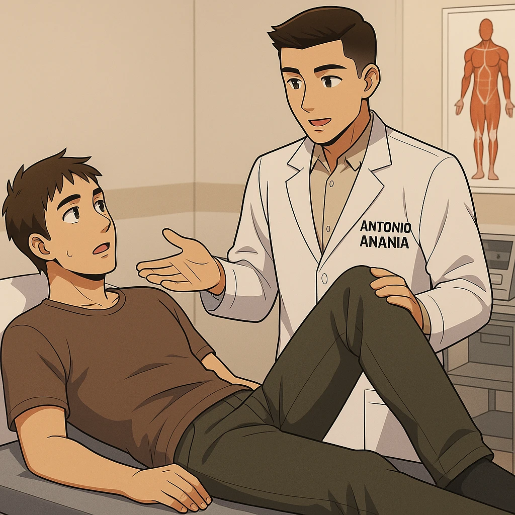 fai un webtoon manga a colori con questo stile, in cui un uomo è steso sul lettino medico e il kinesiologo con il camice bianco (fagli anche la scritta "ANTONIO ANANIA" SUL CAMICE, gli solleva una gamba per fargli il test neuromuscolare, IL KINESIOLOGO SPIEGA ALL'UOMO UNA cosa mentre gli alza la gamba. non fare i fumetti però, fai solo in modo che sembri stiano parlando emoji