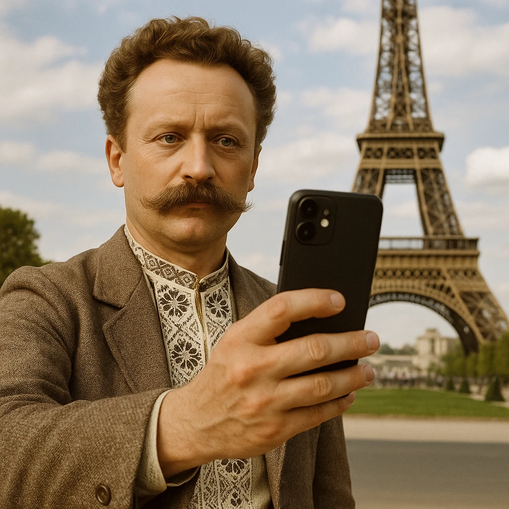 takes a selfie in front of the Eiffel Tower emoji