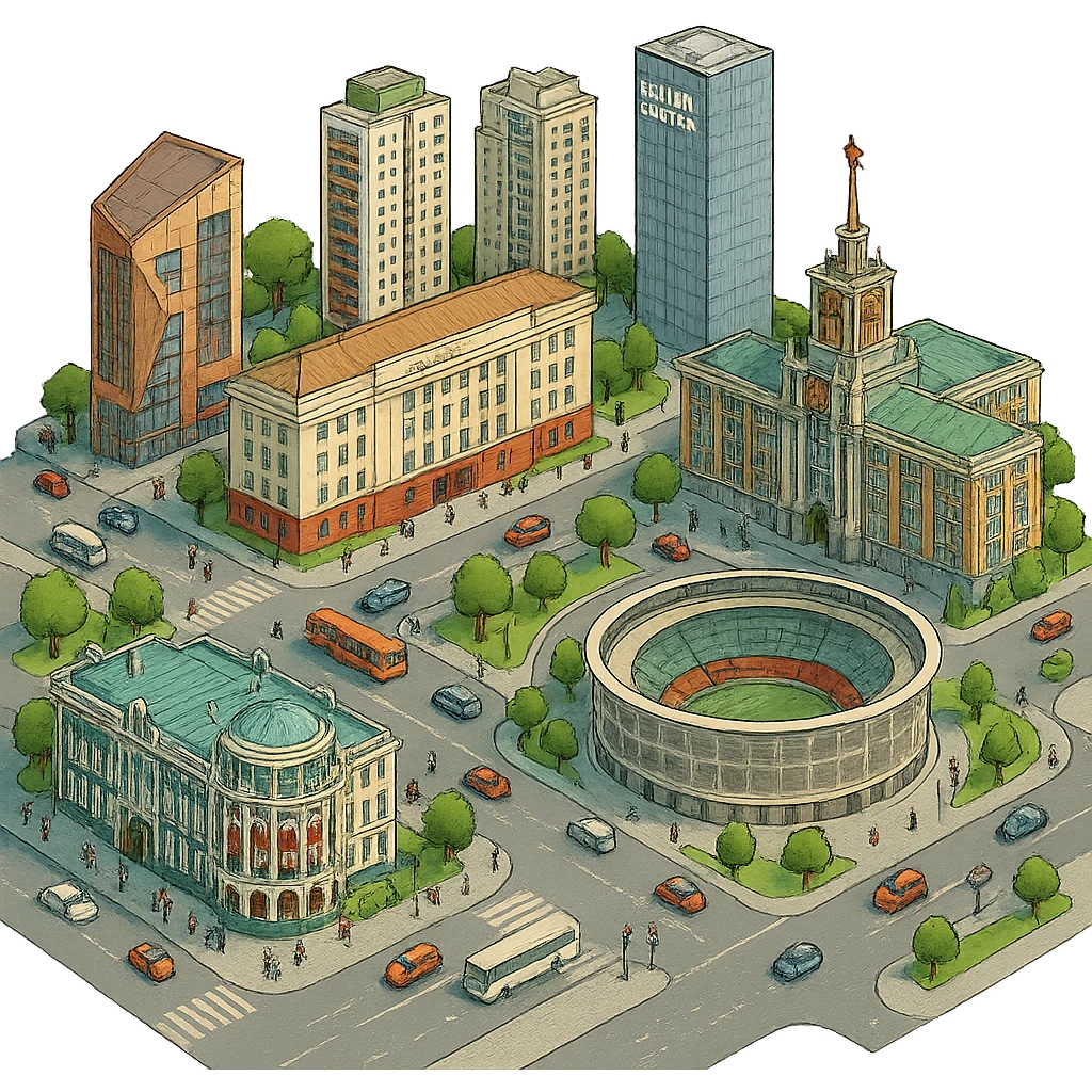 Изометричная миниатюрная фотореалистичная 3D модель Екатеринбурга - Дом Севастьянова, Ельцин-центр, Уральский федеральный университет, дома, Екатеринбург Арена, Медный дом, Здание Свердловского городского совета народных депутатов, четкие линии, яркие цвета, мультяшный реализм, люди, автотранспорт, компактная композиция, вид сверху в изометрии, прозрачный фон emoji