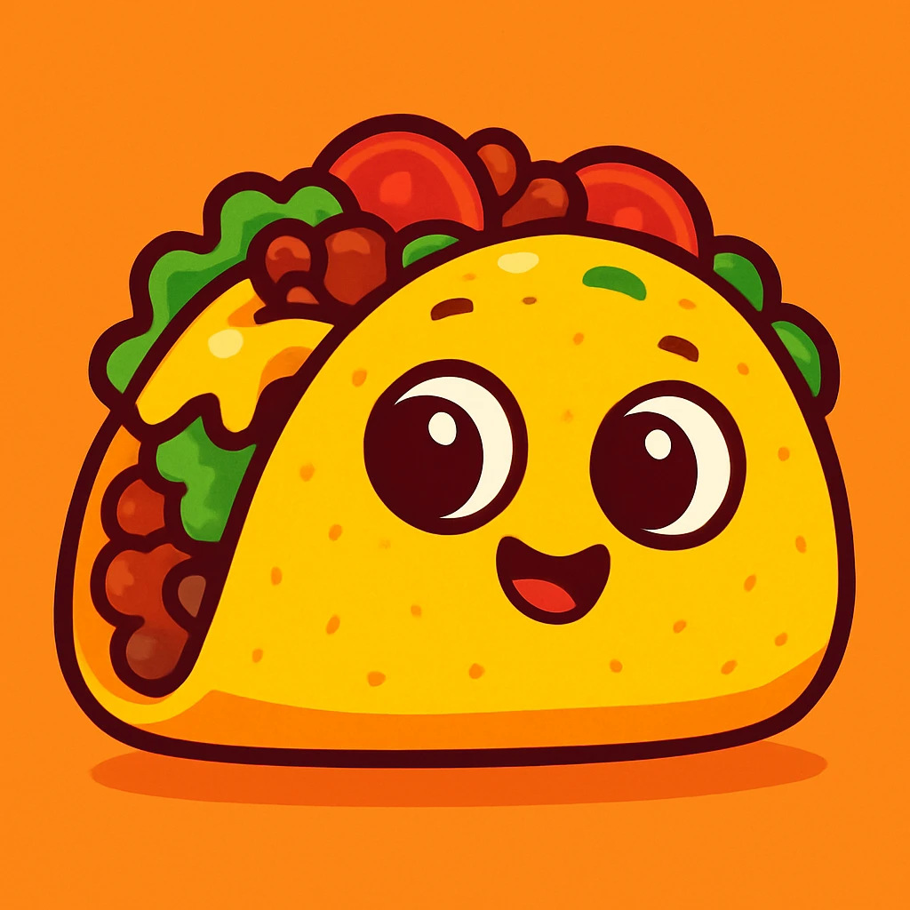 cute Mexican taco, cartoon style, big eyes, vibrant colors, simple background emoji