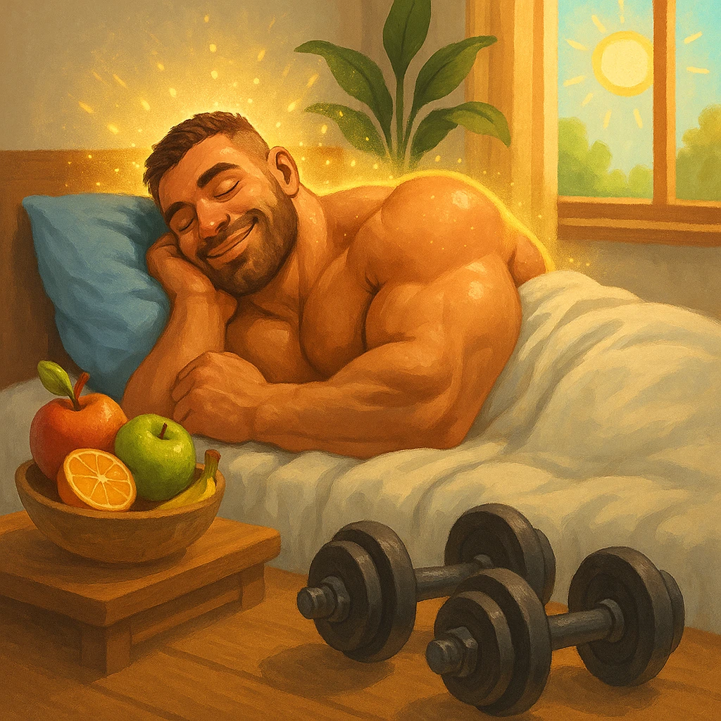 bodybuilder che dorme bene e questo gli porta tanto benessere e salute emoji