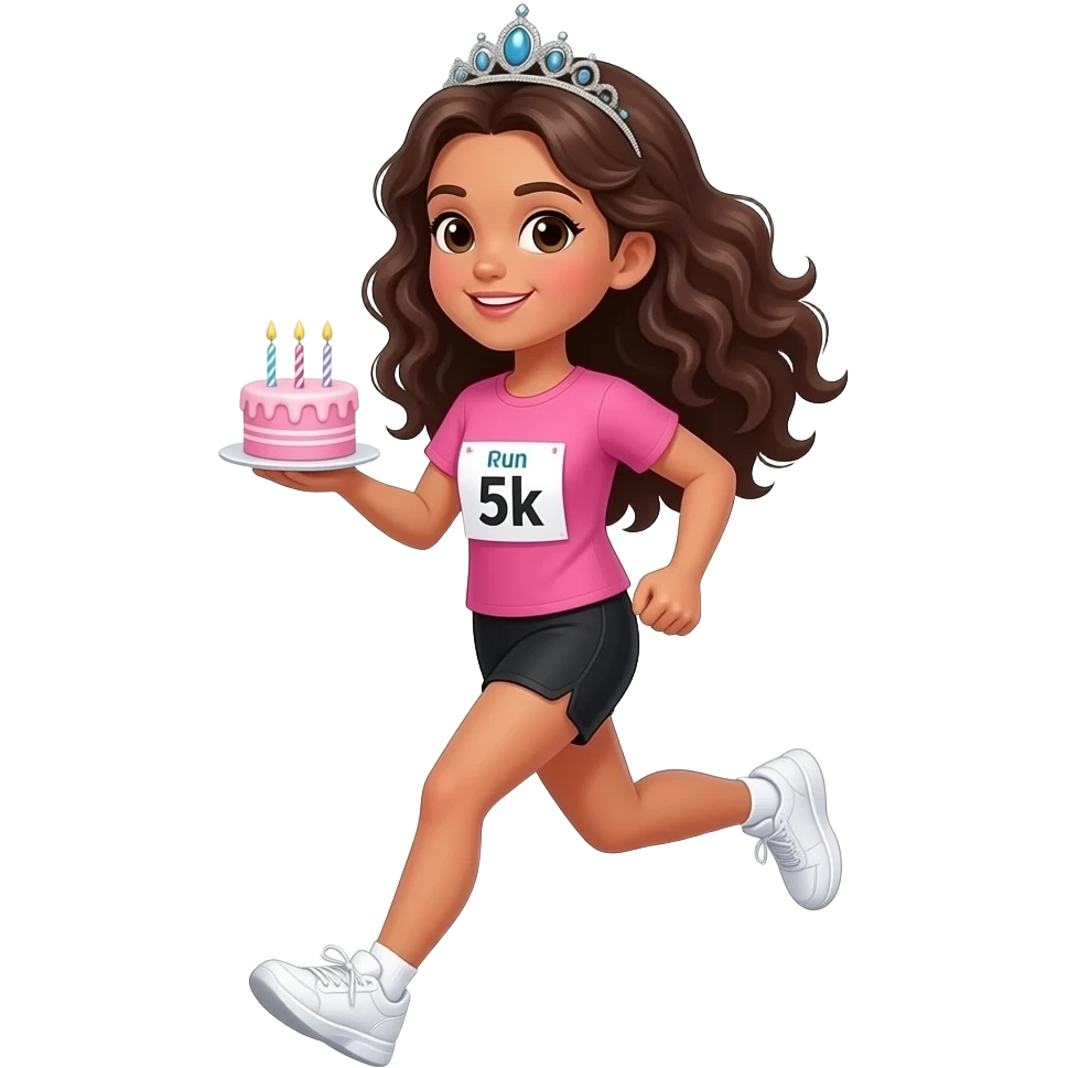 white skin girl with long dark brown curly hair running wearing black shorts, a blank pink tshirt, white sneakers, tiara, and 5k run bib while holding a mini pink birthday cake emoji