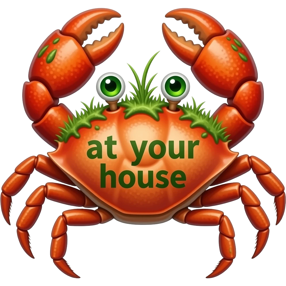A crab with grass on it and also with green growing eyes and with at your house on its back emoji