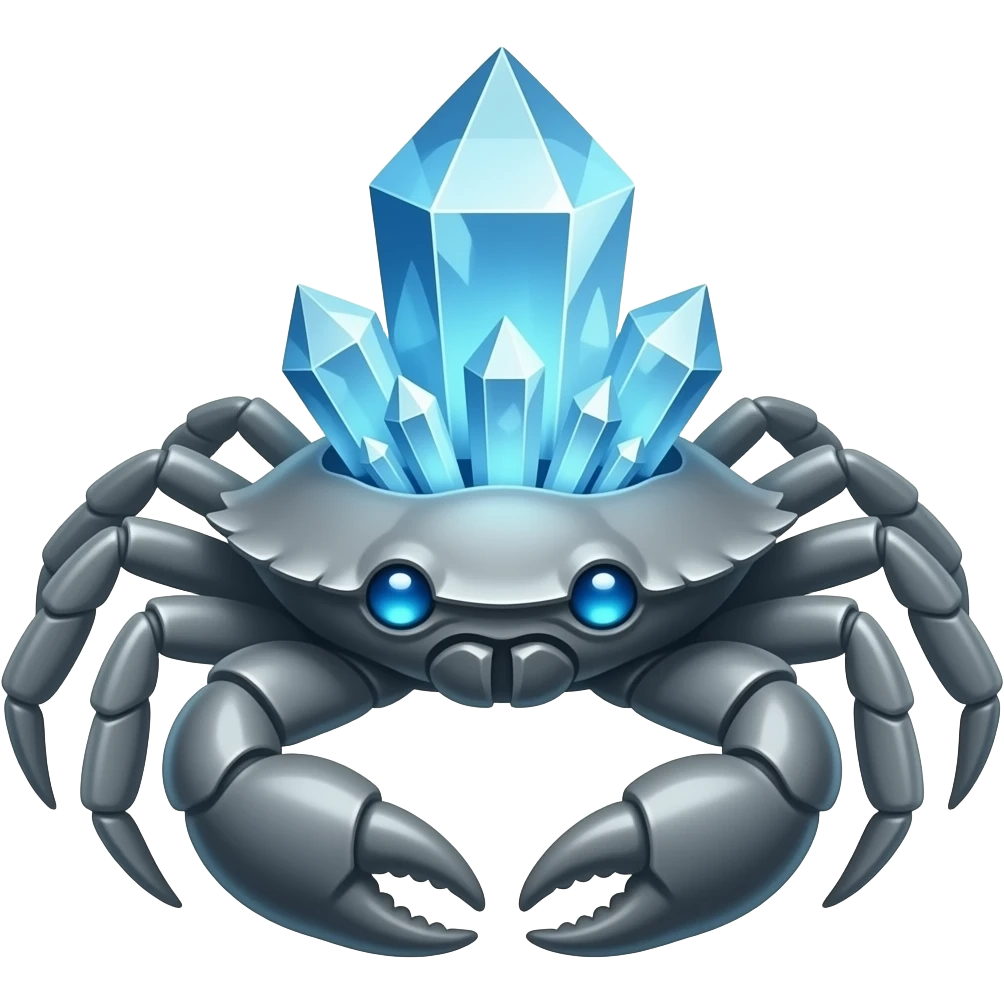 A Gray crab with crystals in a big Crystal on its back with blue glowing eyes  facing d emoji