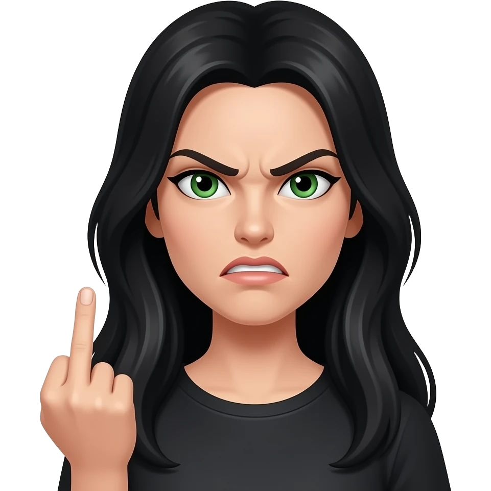 Angry Pale Woman with long black hair and green eyes giving the finger emoji