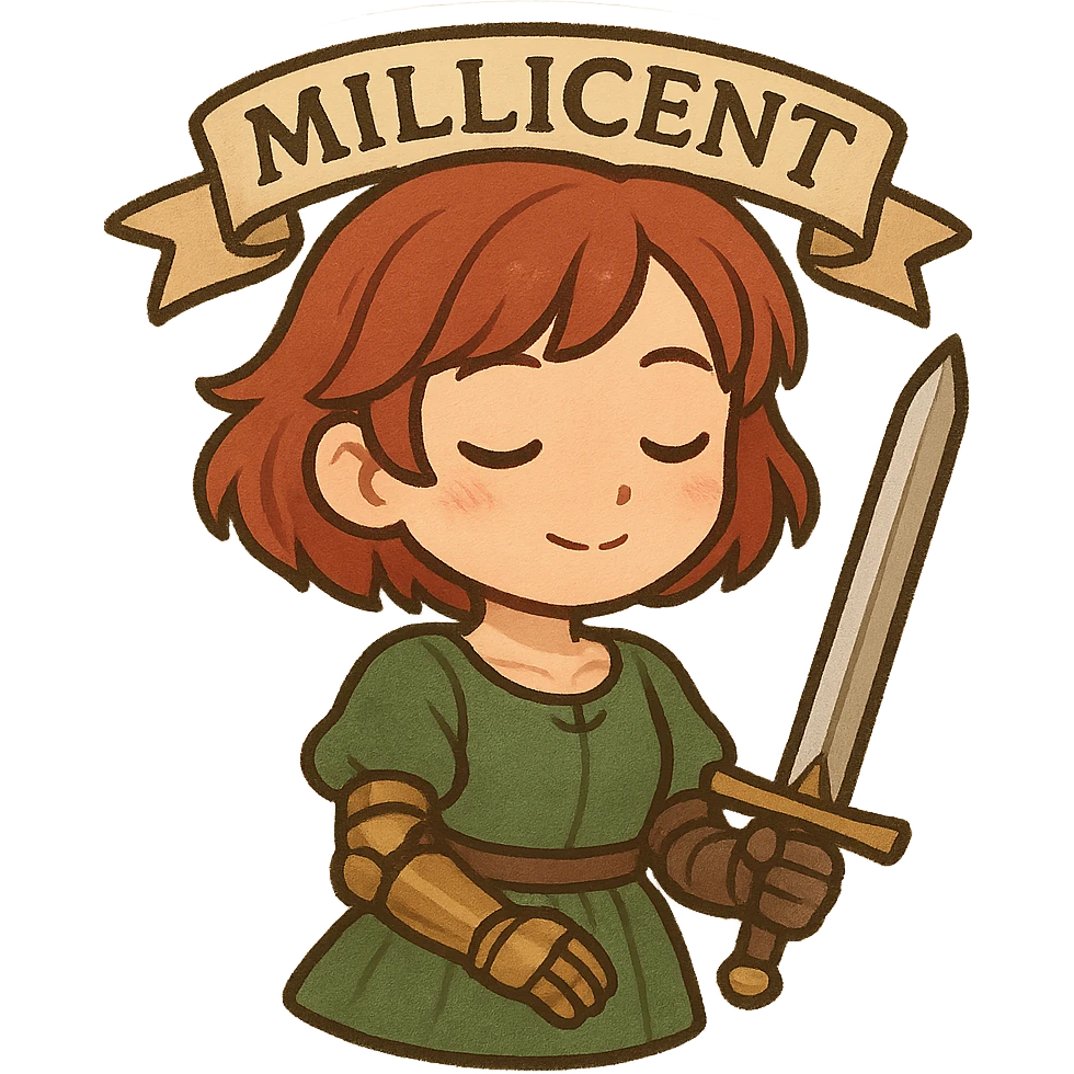 Millicent, chibi style, young woman with short red hair, green dress, prosthetic arm, holding a sword, gentle and determined expression, fantasy vibe, cute and brave emoji