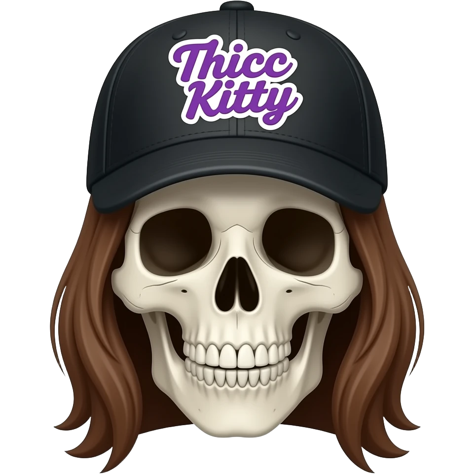 A skeleton head wearing a black baseball cap that says "Thicc Kitty" written in purple with white bordering, has long brown hair emoji