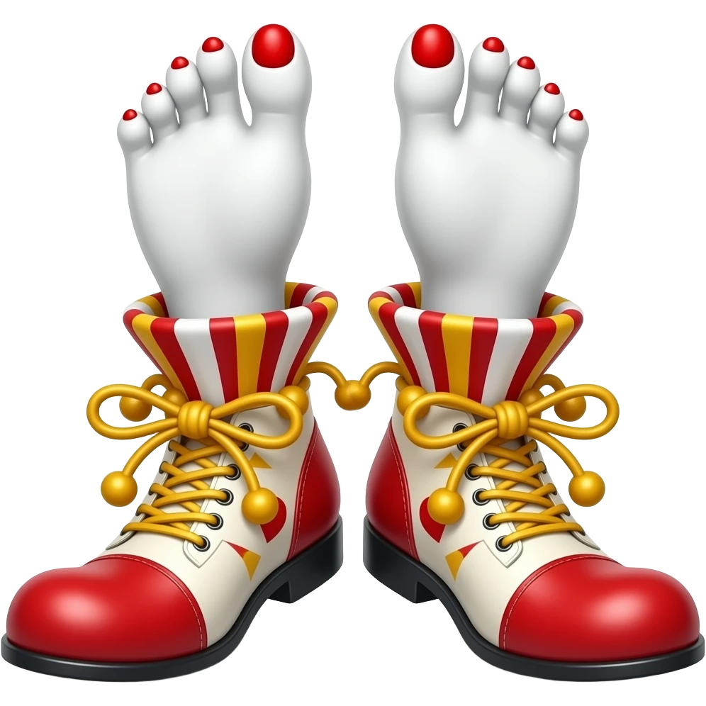 White toes with red toenails stick out of clown shoes emoji