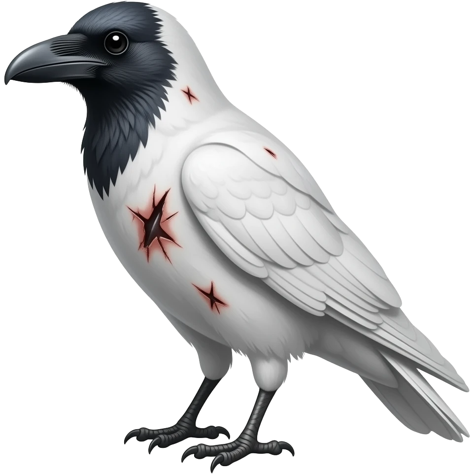 White crow with lots of scars and scratches emoji side profile head with a large scar from cheek to chest emoji