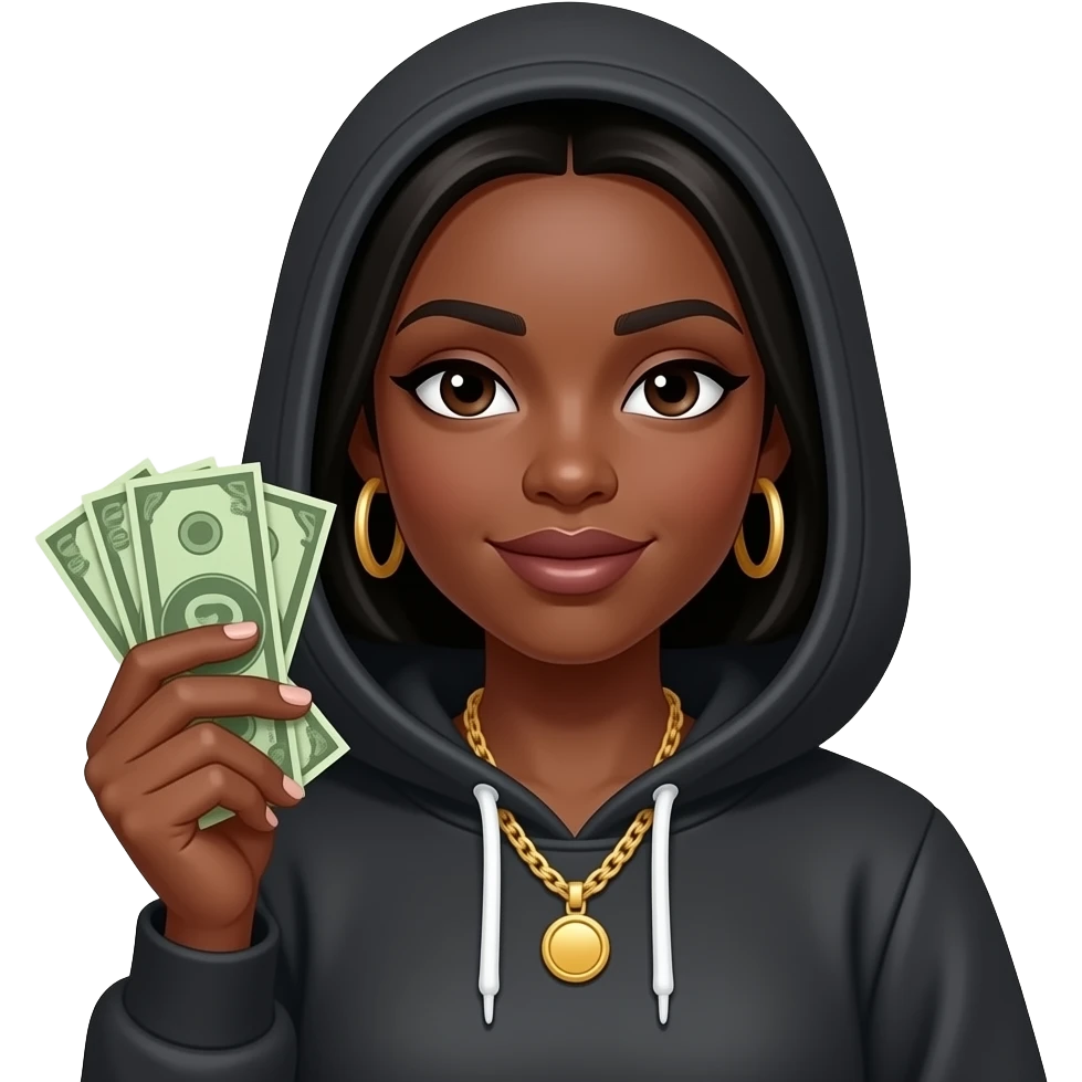 Dark skin woman in hoodie with cash looks like rapper emoji
