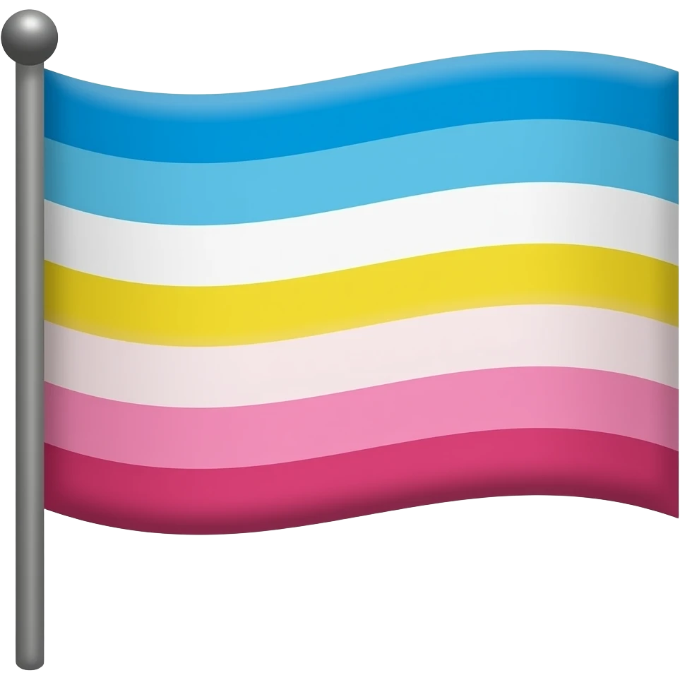 Flag with seven horizontal stripes (top to bottom): bright blue, sky blue, pale yellow, wide white, pale yellow, light pink, deep pinkish-red. Flat, full-frame, even bright lighting, head-on perspective, no background, clean graphic abstract composition. with black pole emoji