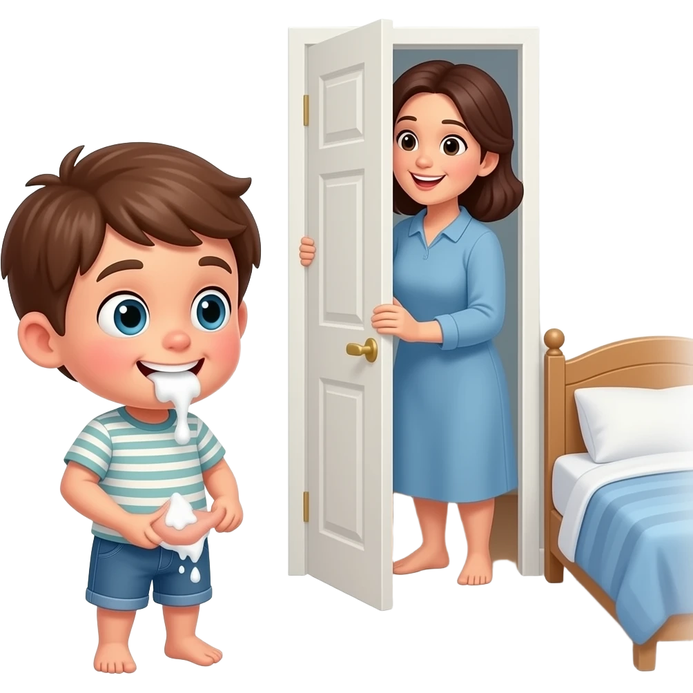 A child in his bedroom playing with his penis and white stuff coming out and his mum is peeking through the door emoji