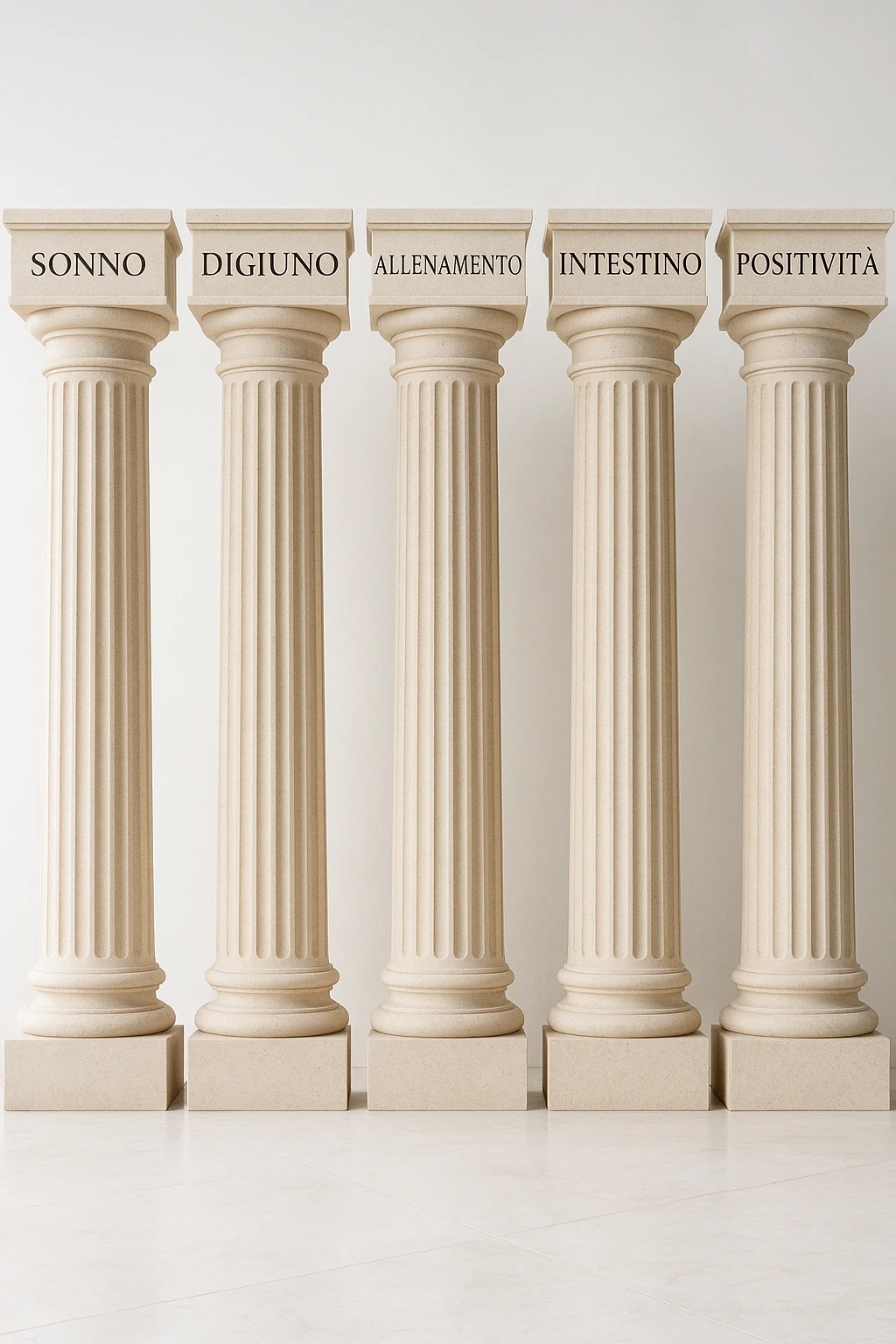 5 pilastri con le scritte "SONNO", "DIGIUNO", "ALLENAMENTO", "INTESTINO", "POSITIVITà" IMMAGINE IPERREALISTICA SFONDO CHIARO IN ITALIANO emoji