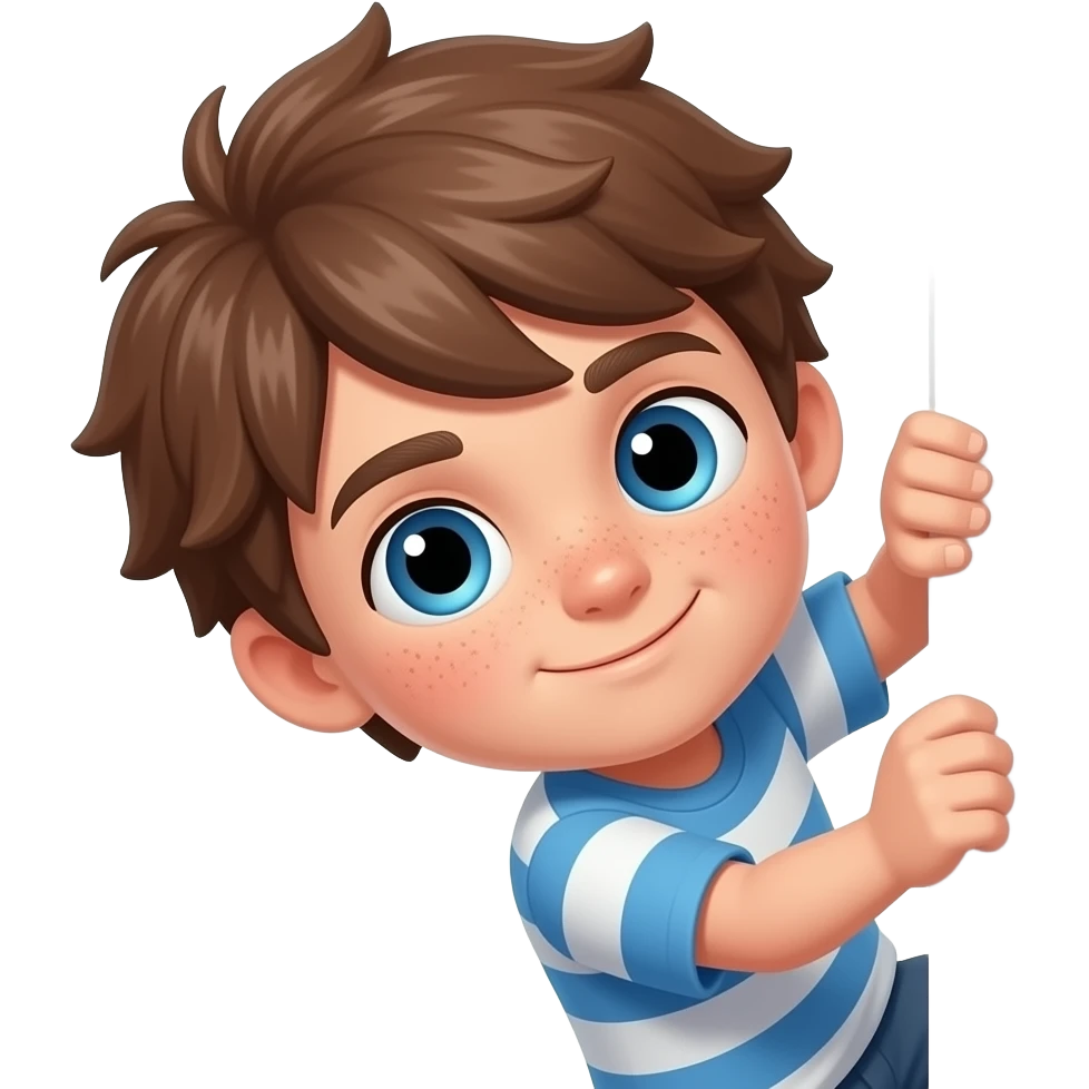 Hazme un chico con pelo rebelde castaño, ojos azules y unas pecas. que este escalando de espaldas y que no se le vea la cara emoji