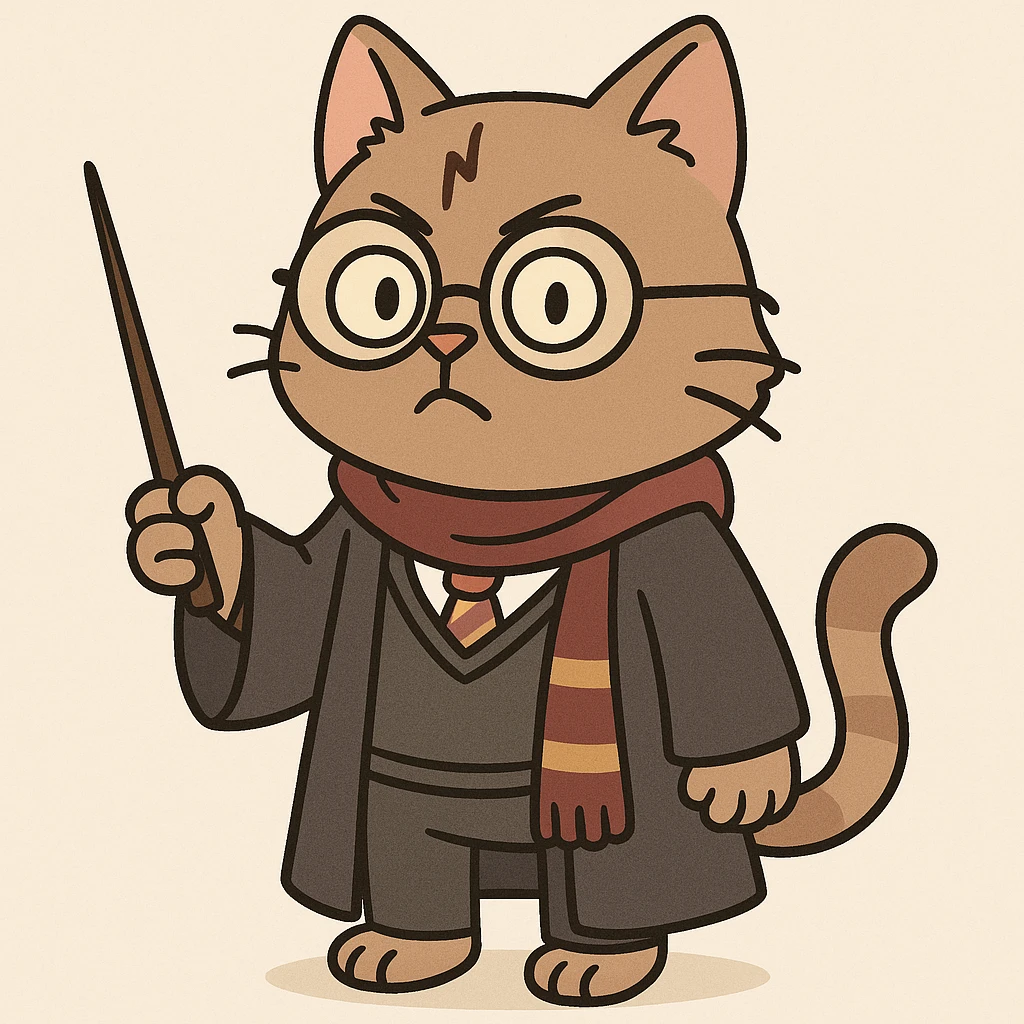 a cat dressed as a wizard with round glasses and a lightning scar, holding a wand, cartoon style, flat toon emoji