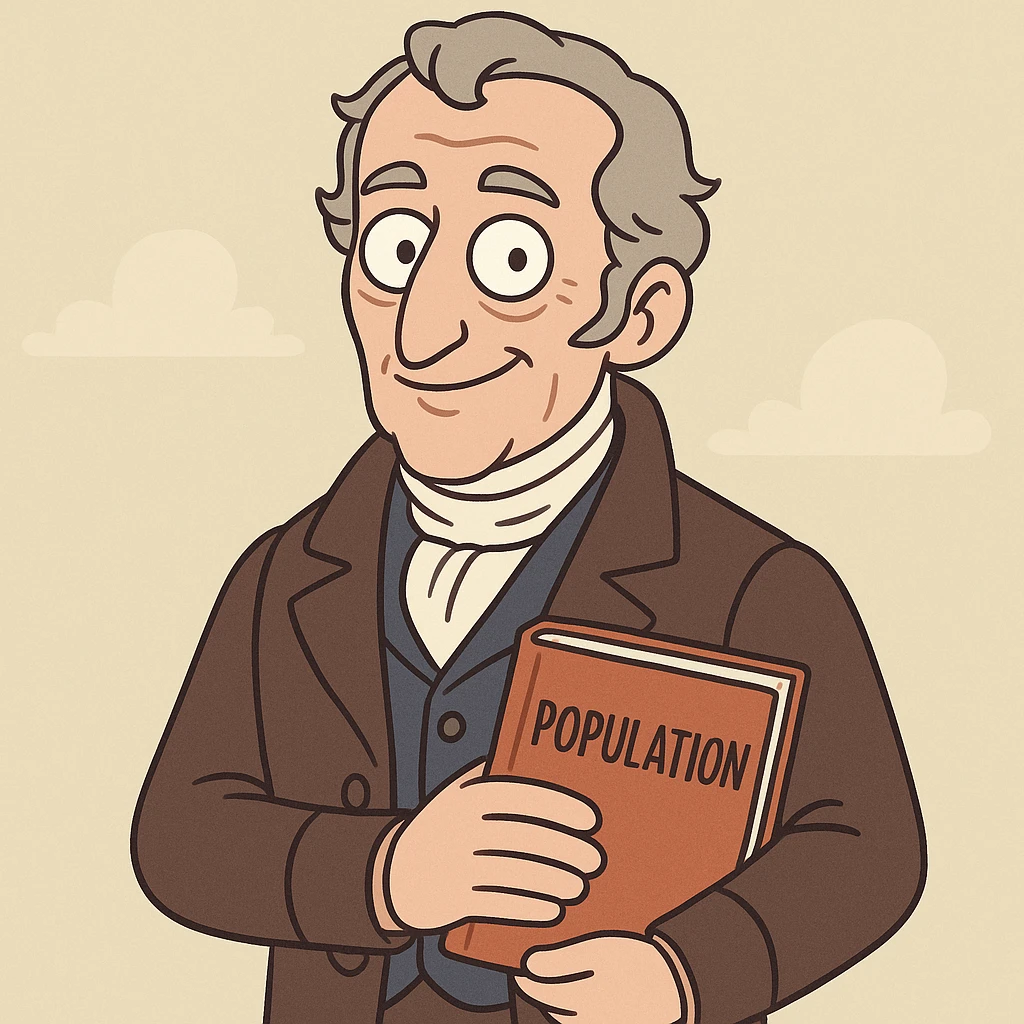 Thomas Malthus as a cartoon character, holding a book titled 'Population', friendly expression, simple background emoji